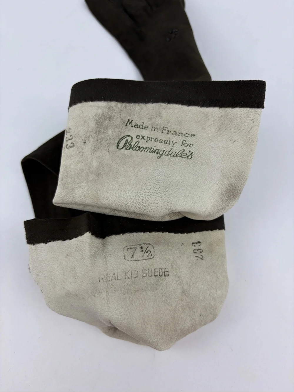 VTG 40s 50s Bloomingdale’s French Kid Suede Leather Beaded Brown Hand Gloves 7.5